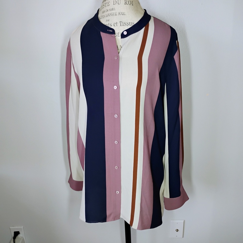 Eileen Fisher 100% Silk Button Top Womens XL Stripes Long Sleeve Classic Staple